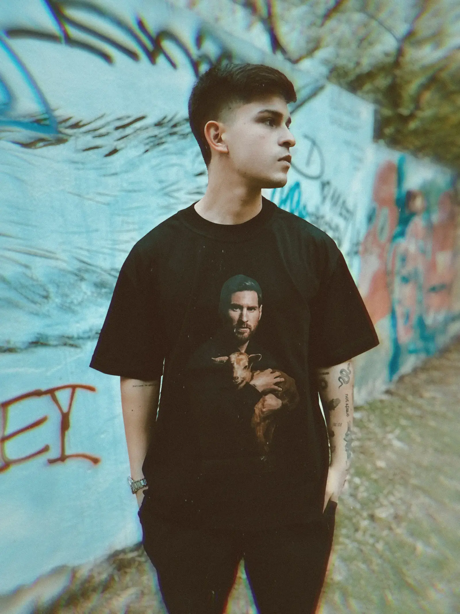 REMERA MESSI GOAT HOMBRE NEGRA OVERSIZE 